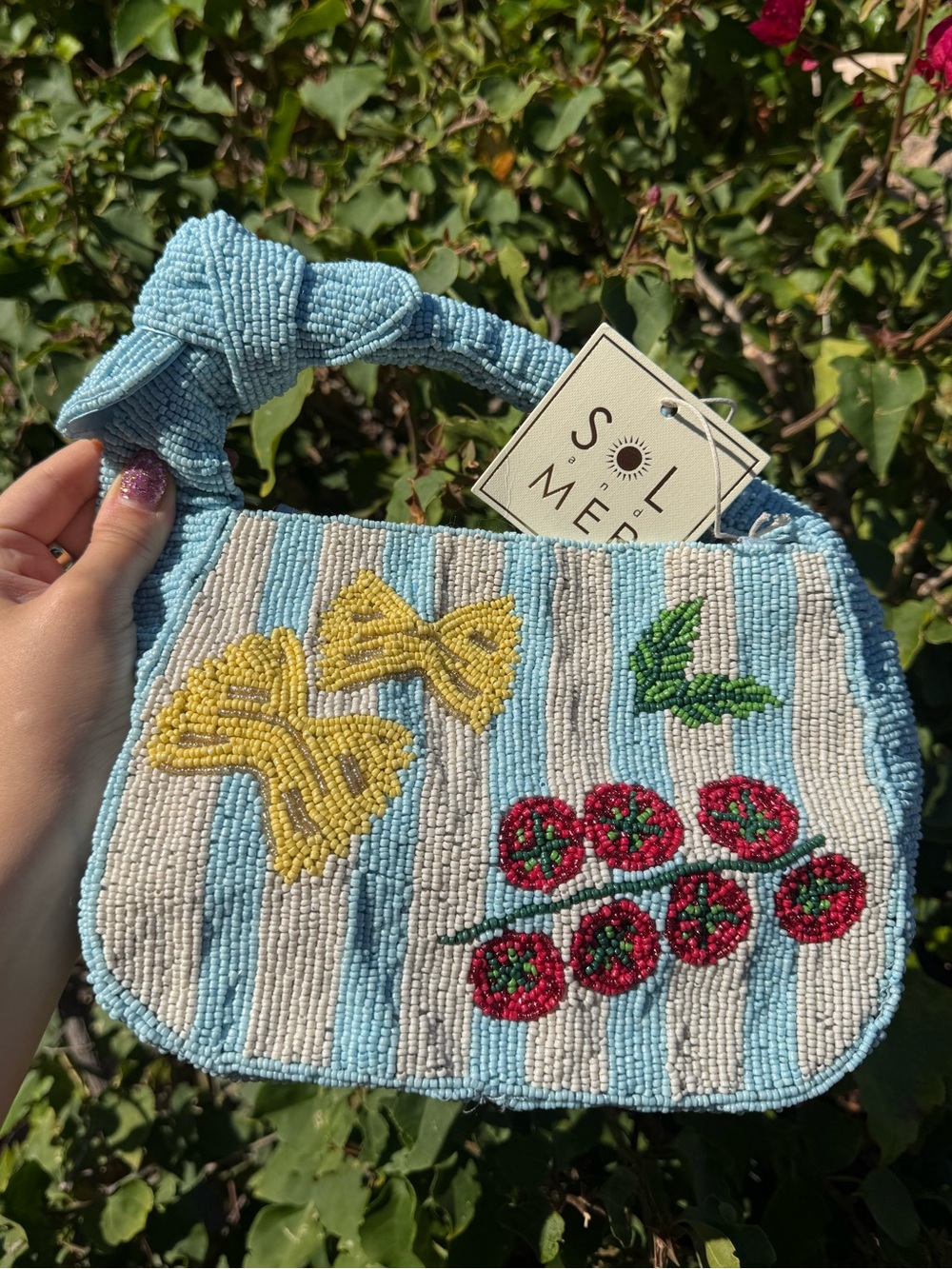 NWT Sol and Mer Pasta Tomatoes Blue White Striped Knotted Top Handle Beaded Bag